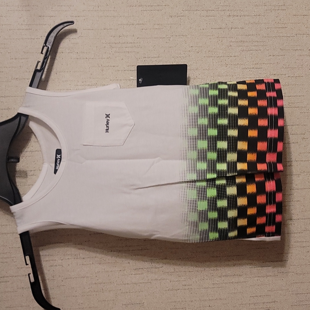 Hurley White Tank Top with Neon Green Yellow Orange Pink Checker Print